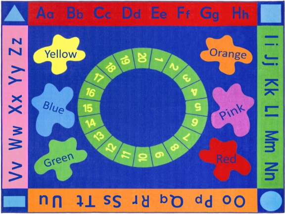 яркий прямоугольный ковер с алфавитом, числовым диском и цветными кляксами