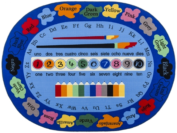овальный синий ковер с алфавитом, цифрами и красками