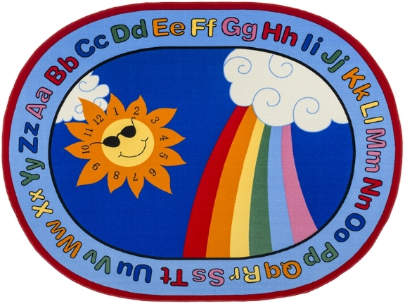 овальный голубой ковер с алфавитом, солнцем и радугой